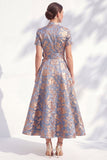 A-Line Blue Golden Flower V-Neck Midi Mother Of the Bride Dress with Belt