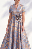 A-Line Blue Golden Flower V-Neck Midi Mother Of the Bride Dress with Belt