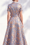 A-Line Blue Golden Flower V-Neck Midi Mother Of the Bride Dress with Belt