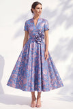 A-Line Blue Golden Flower V-Neck Midi Mother Of the Bride Dress with Belt