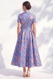 A-Line Blue Golden Flower V-Neck Midi Mother Of the Bride Dress with Belt