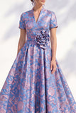 A-Line Blue Golden Flower V-Neck Midi Mother Of the Bride Dress with Belt