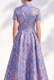 A-Line Blue Golden Flower V-Neck Midi Mother Of the Bride Dress with Belt
