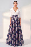 A-Line Navy Floral Long Mother of the Bride Dress with 3/4 Sleeves