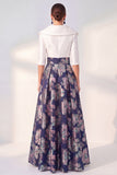 A-Line Navy Floral Long Mother of the Bride Dress with 3/4 Sleeves