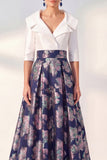 A-Line Navy Floral Long Mother of the Bride Dress with 3/4 Sleeves