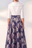 A-Line Navy Floral Long Mother of the Bride Dress with 3/4 Sleeves