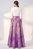 A-Line Navy Floral Long Mother of the Bride Dress with 3/4 Sleeves