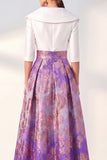 A-Line Navy Floral Long Mother of the Bride Dress with 3/4 Sleeves