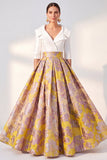 A-Line Navy Floral Long Mother of the Bride Dress with 3/4 Sleeves
