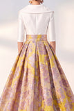 A-Line Navy Floral Long Mother of the Bride Dress with 3/4 Sleeves