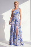 One Shoulder Blue A-Line Floral Ruffled Long Mother of the Bride Dress with Slit
