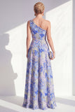 One Shoulder Blue A-Line Floral Ruffled Long Mother of the Bride Dress with Slit