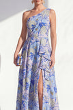 One Shoulder Blue A-Line Floral Ruffled Long Mother of the Bride Dress with Slit