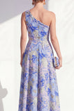One Shoulder Blue A-Line Floral Ruffled Long Mother of the Bride Dress with Slit
