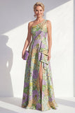 One Shoulder Blue A-Line Floral Ruffled Long Mother of the Bride Dress with Slit