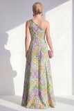 One Shoulder Blue A-Line Floral Ruffled Long Mother of the Bride Dress with Slit