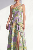 One Shoulder Blue A-Line Floral Ruffled Long Mother of the Bride Dress with Slit