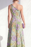 One Shoulder Blue A-Line Floral Ruffled Long Mother of the Bride Dress with Slit