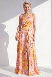 One Shoulder Blue A-Line Floral Ruffled Long Mother of the Bride Dress with Slit