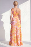 One Shoulder Blue A-Line Floral Ruffled Long Mother of the Bride Dress with Slit