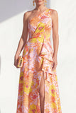 One Shoulder Blue A-Line Floral Ruffled Long Mother of the Bride Dress with Slit
