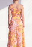 One Shoulder Blue A-Line Floral Ruffled Long Mother of the Bride Dress with Slit
