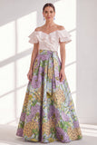 Pink Blue Flower A-Line Off the Shoulder Ruffled Long Mother Of the Bride Dress with Belt