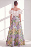 Pink Blue Flower A-Line Off the Shoulder Ruffled Long Mother Of the Bride Dress with Belt