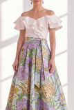 Pink Blue Flower A-Line Off the Shoulder Ruffled Long Mother Of the Bride Dress with Belt