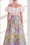 Pink Blue Flower A-Line Off the Shoulder Ruffled Long Mother Of the Bride Dress with Belt