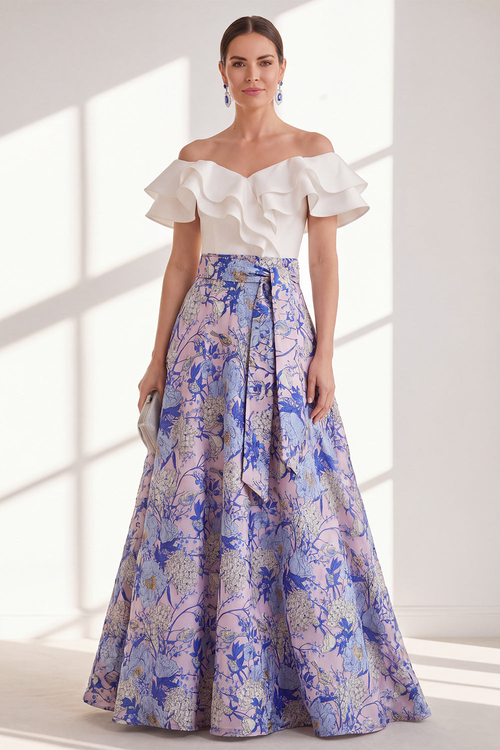 blue and pink wedding guest dress Karmen Ruffle Floral Midaxi Dress Blue/Pink