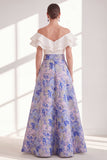Pink Blue Flower A-Line Off the Shoulder Ruffled Long Mother Of the Bride Dress with Belt