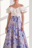 Pink Blue Flower A-Line Off the Shoulder Ruffled Long Mother Of the Bride Dress with Belt