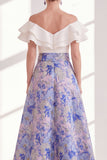 Pink Blue Flower A-Line Off the Shoulder Ruffled Long Mother Of the Bride Dress with Belt
