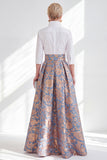 Blue Pink Flower A-Line Long Mother Of the Bride Dress with 3/4 Sleeves