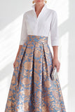 Blue Pink Flower A-Line Long Mother Of the Bride Dress with 3/4 Sleeves