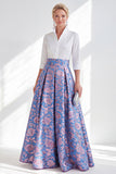 Blue Pink Flower A-Line Long Mother Of the Bride Dress with 3/4 Sleeves