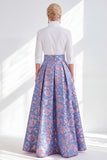 Blue Pink Flower A-Line Long Mother Of the Bride Dress with 3/4 Sleeves