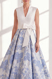 Blue A-Line V-Neck Long Mother Of the Bride Dress with Bow