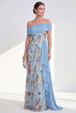 Off the Shoulder Green Sheath Floral Long Mother of the Bride Dress with Sash