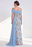 Off the Shoulder Green Sheath Floral Long Mother of the Bride Dress with Sash