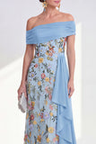 Off the Shoulder Green Sheath Floral Long Mother of the Bride Dress with Sash