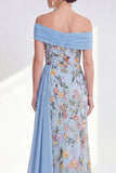 Off the Shoulder Green Sheath Floral Long Mother of the Bride Dress with Sash