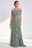 Off the Shoulder Green Sheath Floral Long Mother of the Bride Dress with Sash