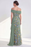 Off the Shoulder Green Sheath Floral Long Mother of the Bride Dress with Sash