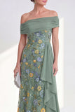 Off the Shoulder Green Sheath Floral Long Mother of the Bride Dress with Sash