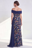 Off the Shoulder Green Sheath Floral Long Mother of the Bride Dress with Sash