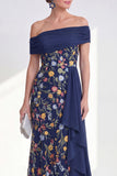 Off the Shoulder Green Sheath Floral Long Mother of the Bride Dress with Sash