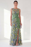 Navy Mermaid Bateau Neck Floral Long Mother of the Bride Dress with Slit